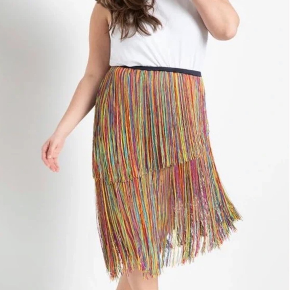 NWT Eloquii Multicolor Fringe Layered Tassel Angled Asymmetrical Skirt size 16